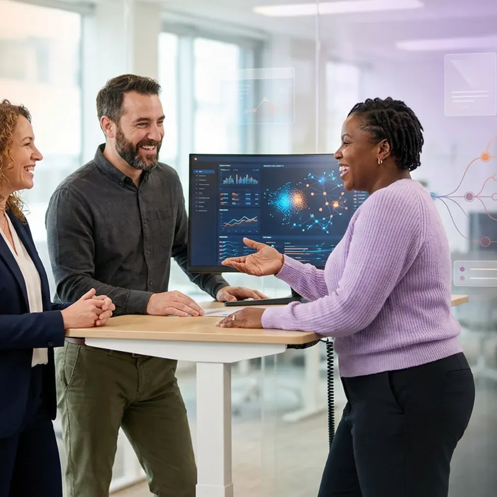 Three colleagues discussing data visualizations on a monitor at an office standing desk.