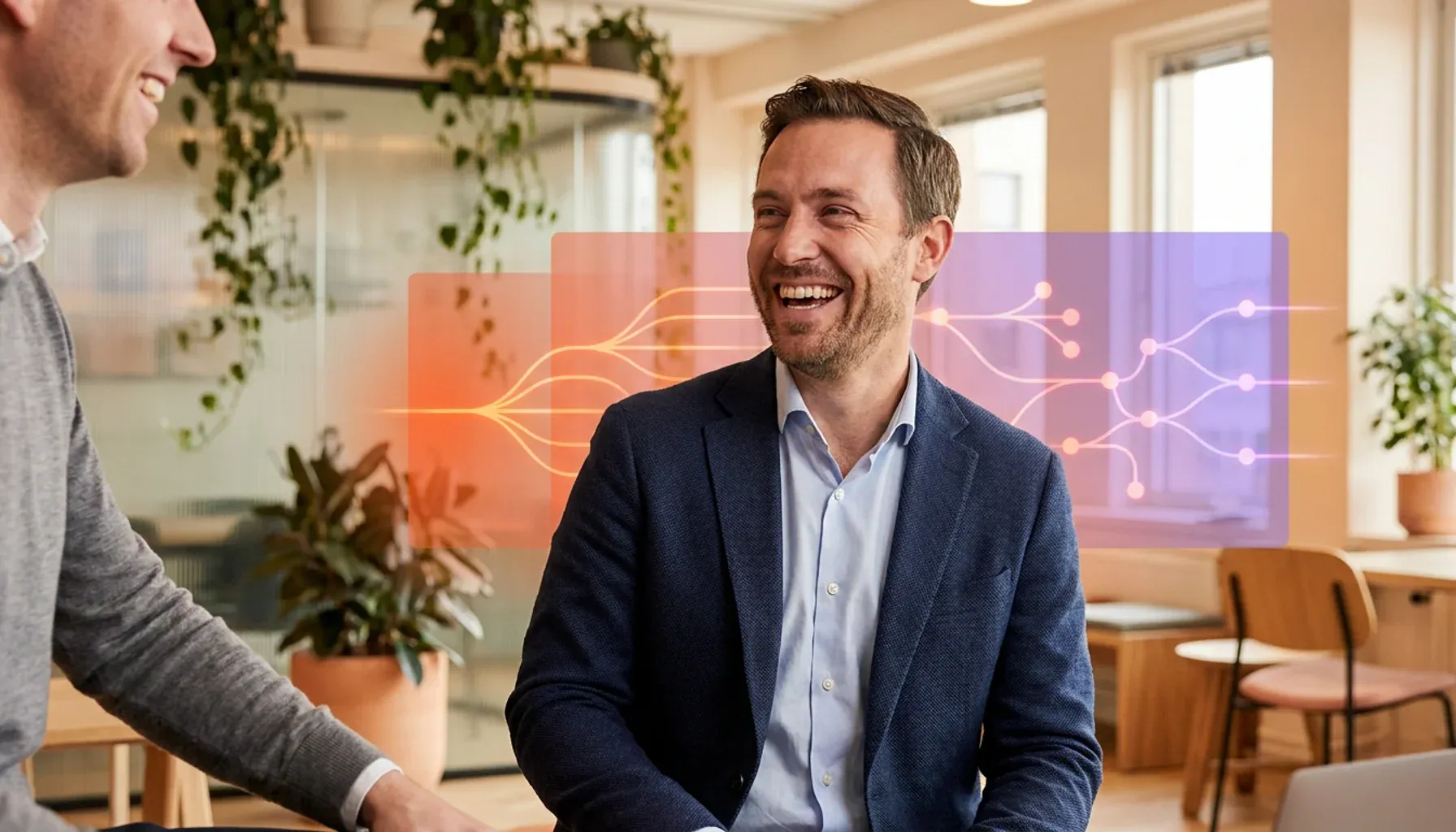 Two smiling businessmen in an office with a glowing digital network graphic overlay.