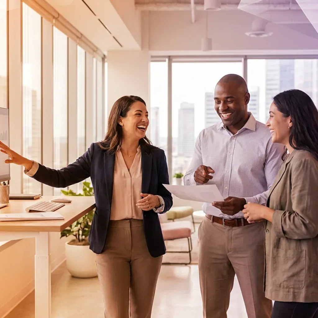 Three smiling colleagues collaborating around a computer monitor in a bright modern office.
