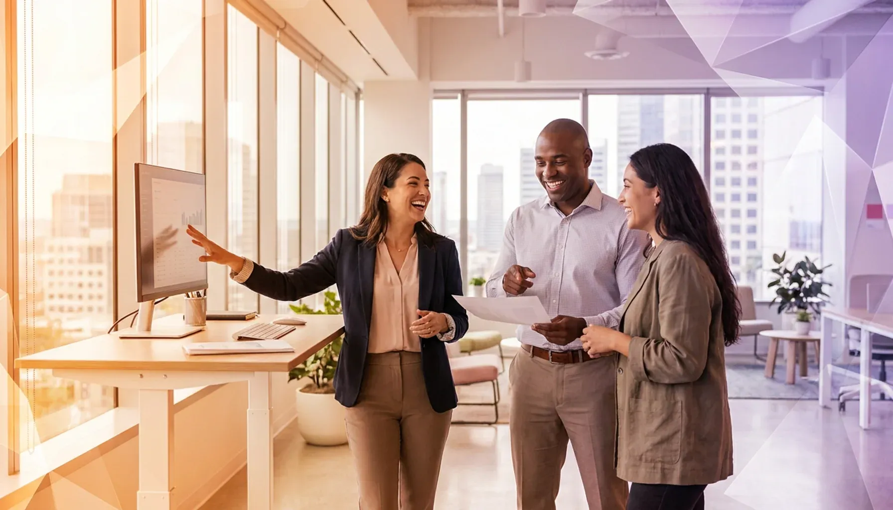 Three smiling colleagues collaborating around a computer monitor in a bright modern office.