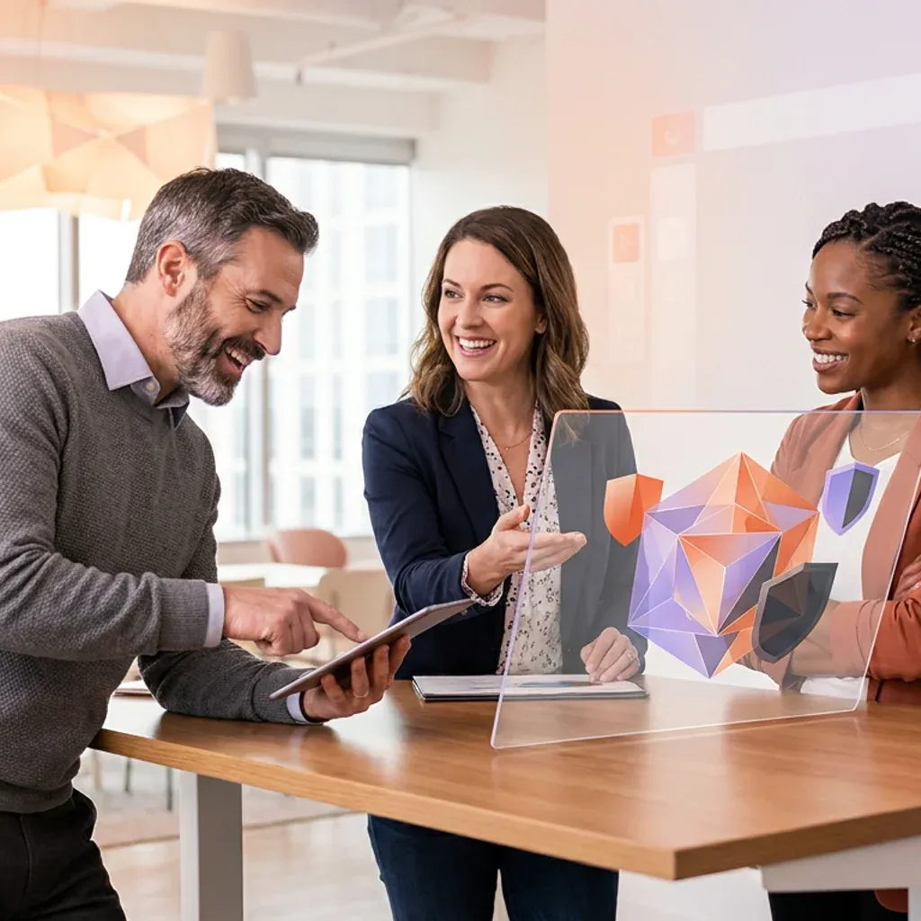 Three smiling professionals looking at a tablet beside a futuristic 3D geometric shield hologram.