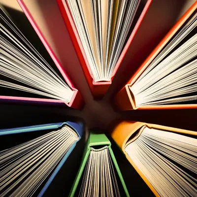 Bunte Bücher in einem Kreis angeordnet, von unten gesehen.