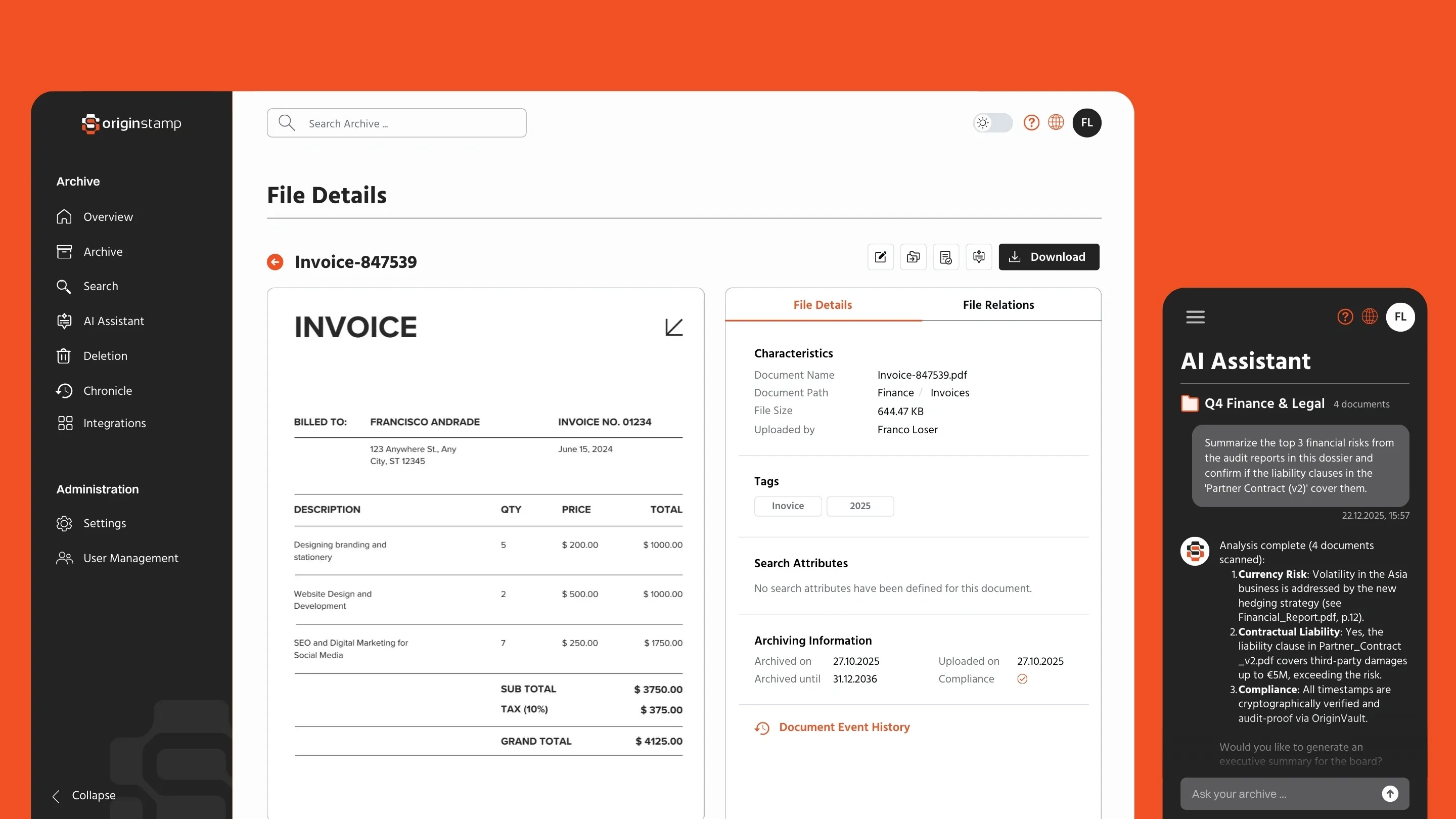 A document archive interface showing an invoice and AI analysis.