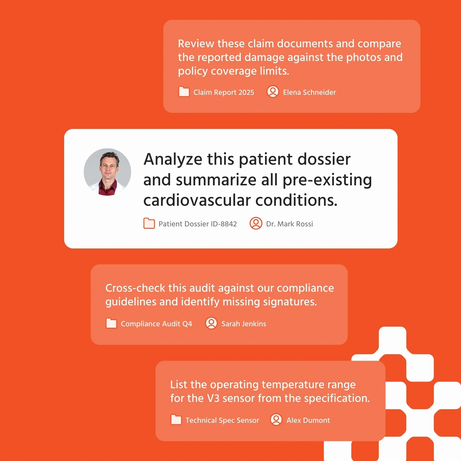Vier Textfelder mit Aufgabenaufforderungen auf einem orangen Hintergrund.