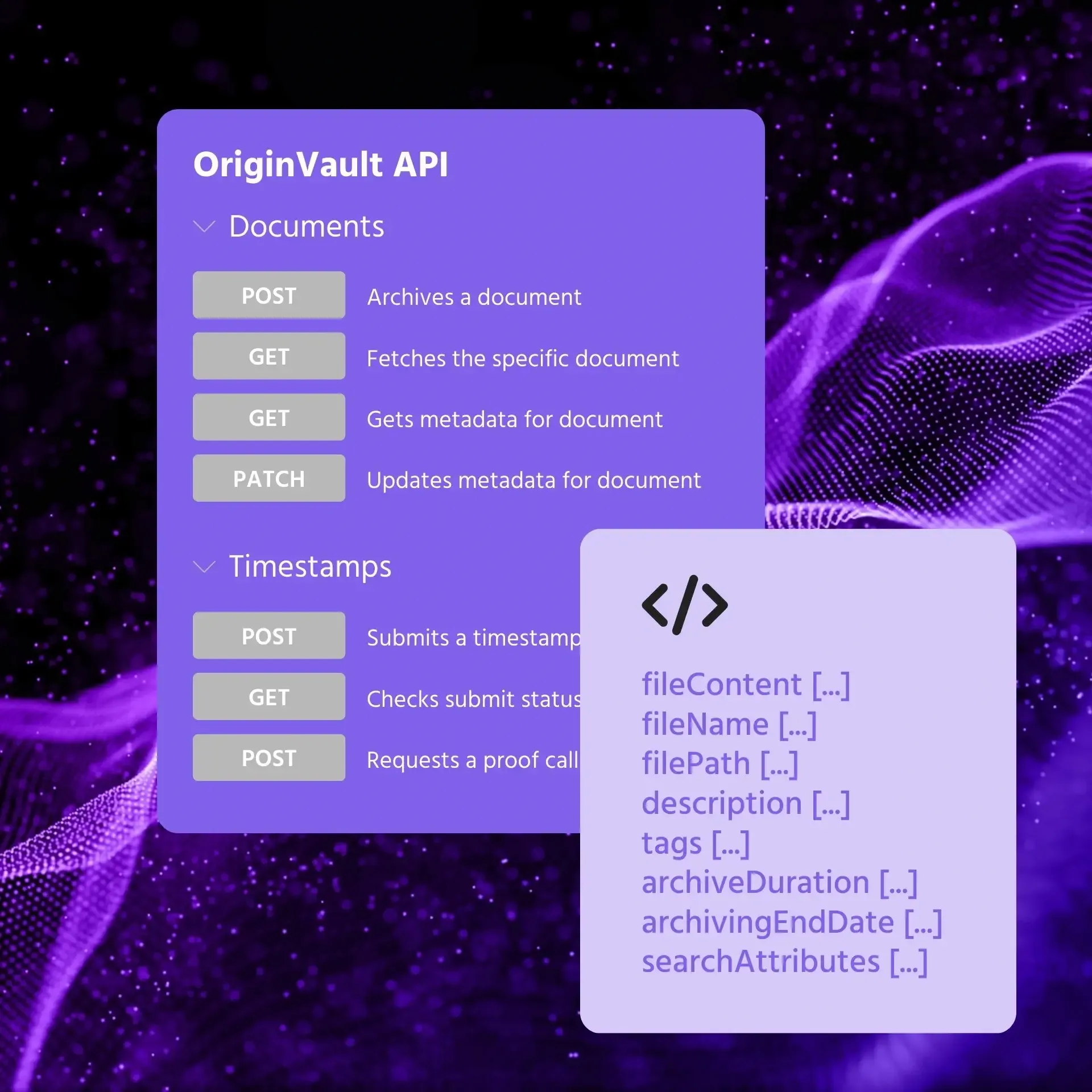 OriginVault API-Dokumentation mit Endpunkten für Dokumente und Zeitstempel.