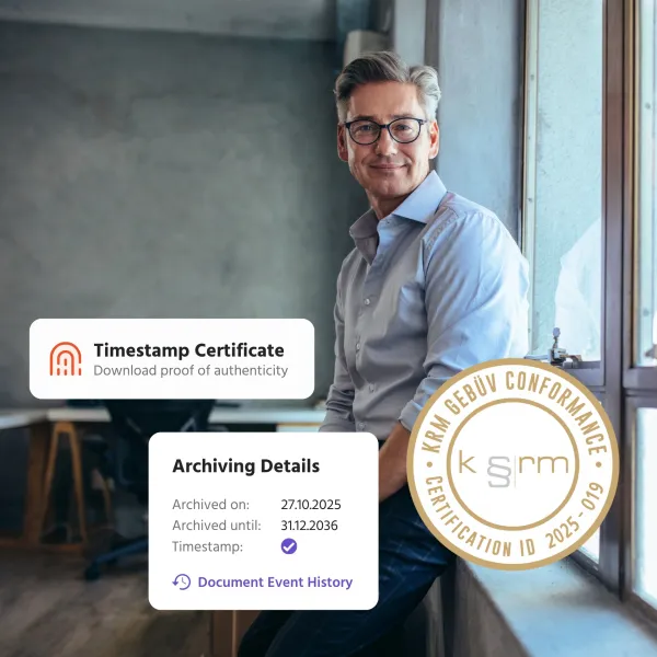 Mann im Büro mit Overlays für digitale Zertifikate und Archivierung.