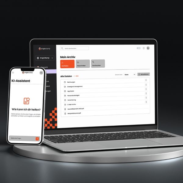 OriginVault archive on the MacBook and OriginStamps AI assistant on the iPhone