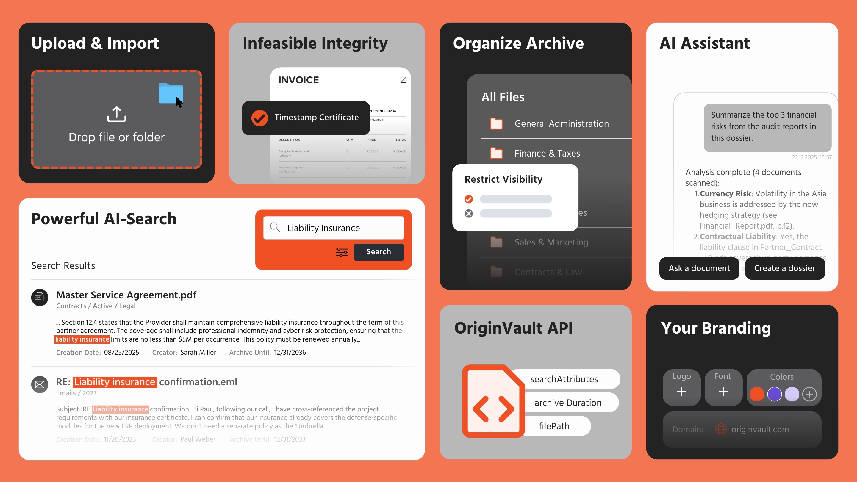 A grid showcasing software features like AI search and document management.