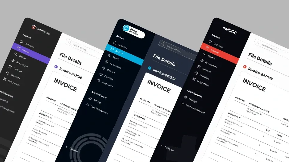 UI mockups showing invoice details screens with OriginStamp, Smart Archive, and swiDOC logos.