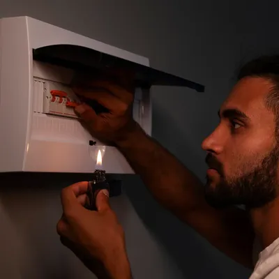 Man checking a fuse box in the dark with a lighter.