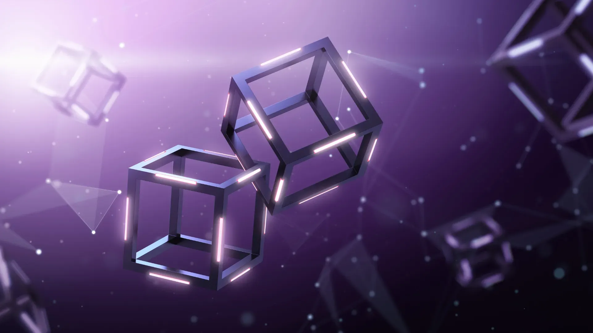 Leuchtende Würfelrahmen schweben vor einem violetten abstrakten Hintergrund.