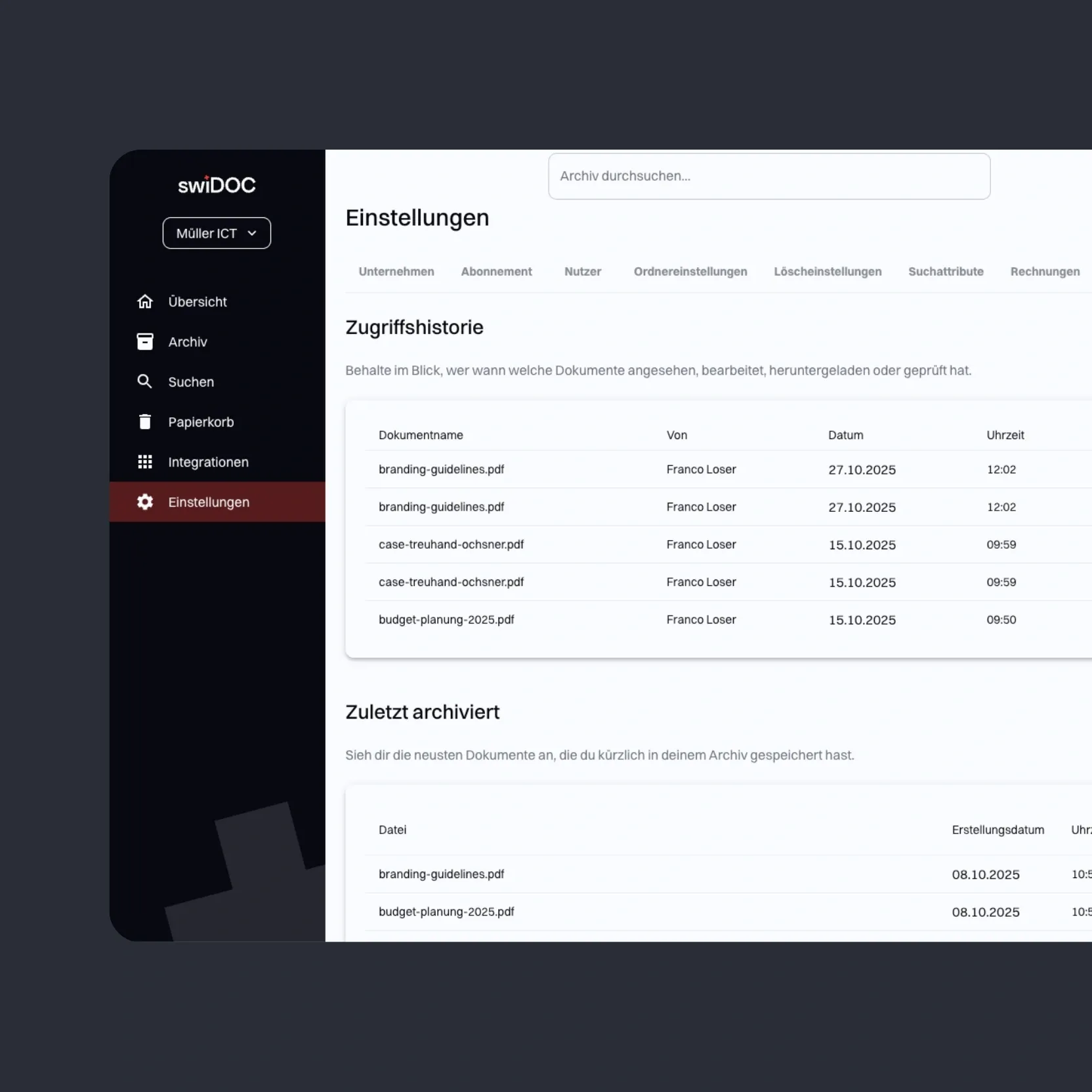 SME archiving software interface: Complete logging of access history