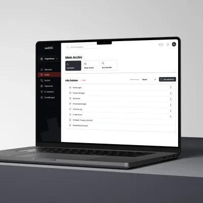 Laptop displays the home page of the “swiDOC” archiving software for Swiss SMEs.