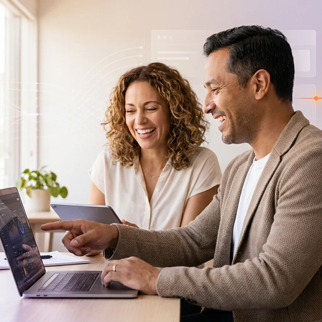 Smiling colleagues using a laptop, with abstract digital network diagrams floating in the background.